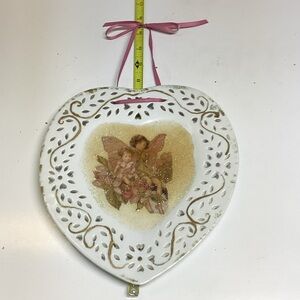 White Heart Ceramic Wall Plaque with Pink Ribbon and Angel Motif